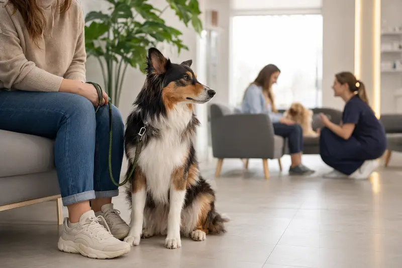 Ein Welsh Collie sitzt ruhig neben seinem Besitzer im hellen Wartezimmer einer modernen Tierarztpraxis.